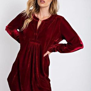 Easel Women's Long Sleeve Soft Velvet Tunic Dress with Pockets-Wine